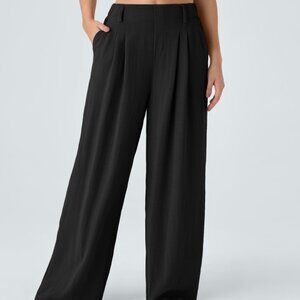 NWT Halara ladies size L PETITE black plicated wide leg waffle work pants